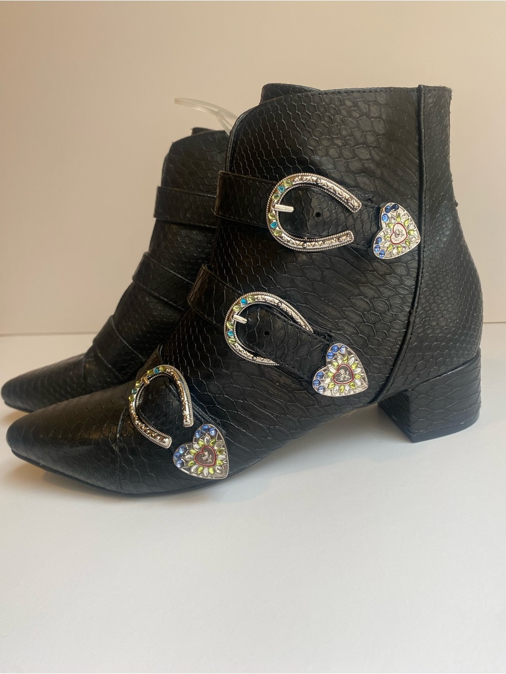 Betsey Johnson Embossed Leather Ankle Boots with Decorative Buckles NWT Size 7